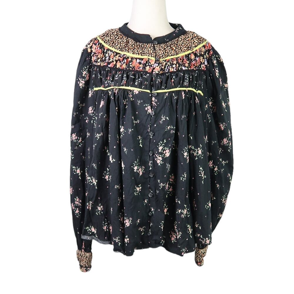 Free People Paloma black floral print flowy blouse peasant top M
